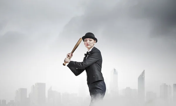 Woman play baseball . Mixed media — Stock Photo, Image