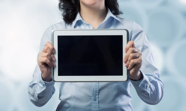 Woman use tablet device . Mixed media — Stock Photo, Image