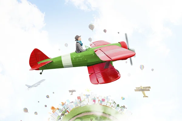 Meisje vliegende oude vliegtuig. Mixed media — Stockfoto