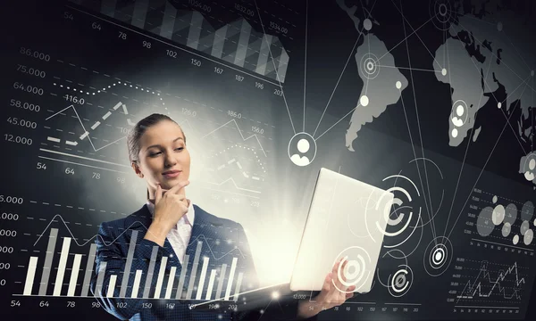 Woman with laptop in hands . Mixed media — Stock Photo, Image