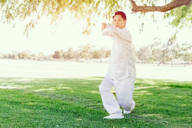 Yakışıklı adam Thai Chi yapıyor.