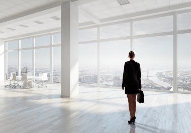 İş kadını ofiste. Karışık teknik