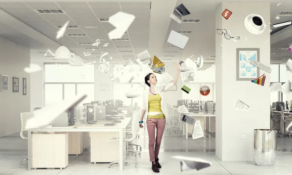 Girl in office interior   . Mixed media — Stock Photo, Image