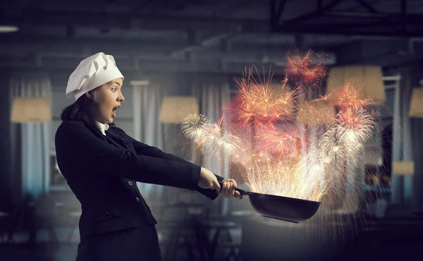 She is magician as cook . Mixed media — Stock Photo, Image