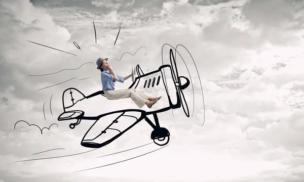 Nő a rajzolt repülőgép. Vegyes technika — Stock Fotó
