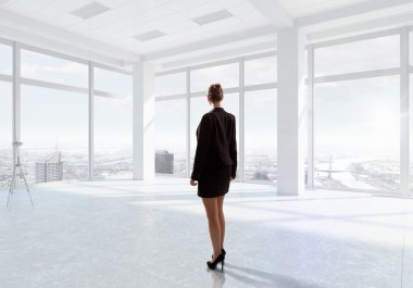 İş kadını ofiste. Karışık teknik