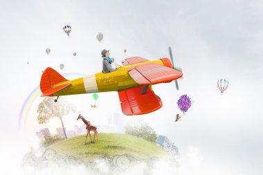 Kız uçan eski uçak. Karışık teknik