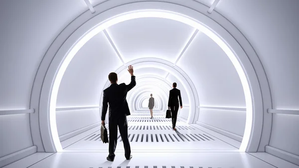 Människor i futuristisk interiör. . Mixed media — Stockfoto