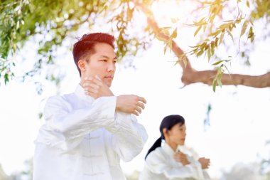 Yakışıklı adam Thai Chi yapıyor.