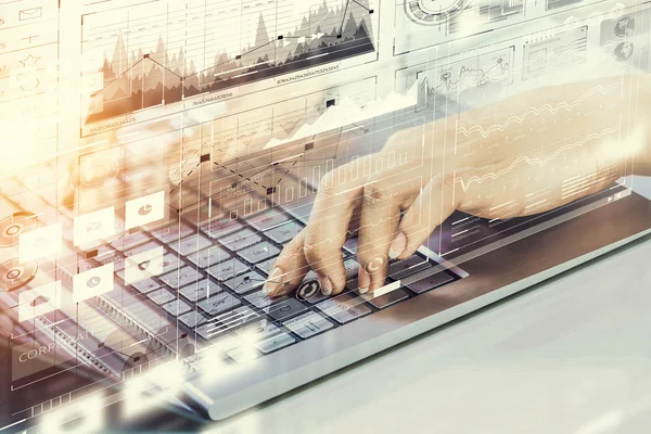 Woman typing on keyboard  . Mixed media — Stock Photo, Image