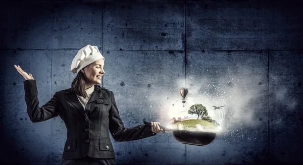 She is going to cook her idea  . Mixed media — Stock Photo, Image