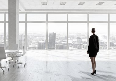 İş kadını ofiste. Karışık teknik