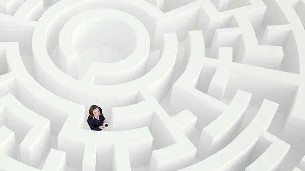 Businesswoman in white labyrinth Mixed media . Mixed media — Stock Photo, Image