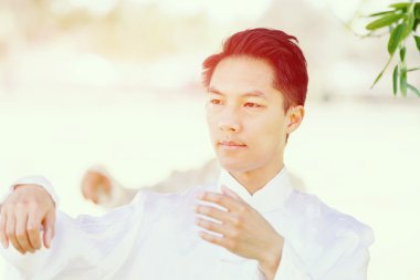 Yakışıklı adam Thai Chi yapıyor.