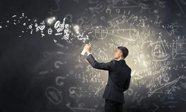 Onun fikirleri çizim iş adamı. Karışık teknik