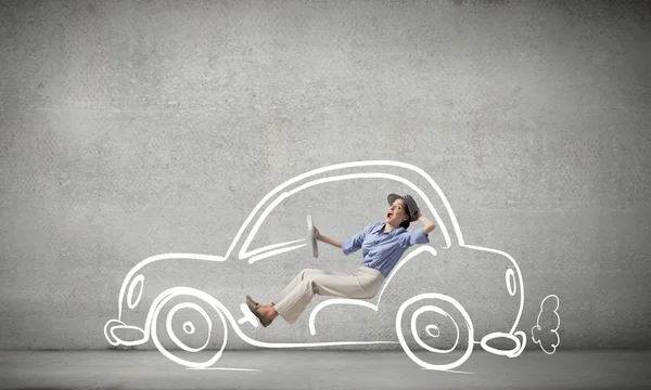 Vrouw rijden oude stijl getekende auto. Mixed media — Stockfoto