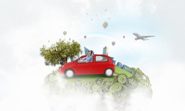 Yaşlı sürüş kadın çizilmiş araba tarz. Karışık teknik