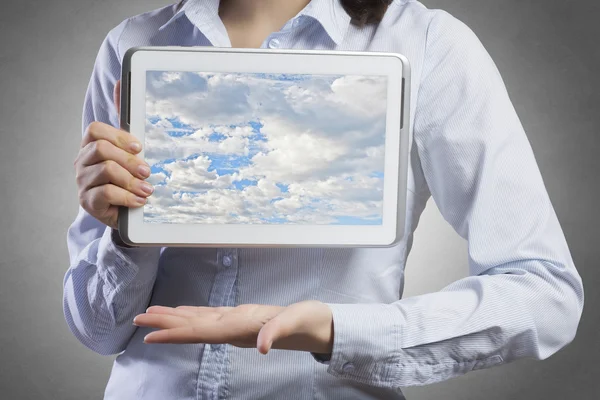 Woman use tablet device . Mixed media — Stock Photo, Image