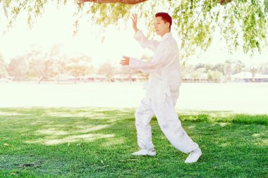 Yakışıklı adam Thai Chi yapıyor.