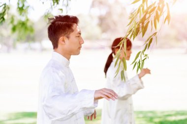 Yakışıklı adam Thai Chi yapıyor.