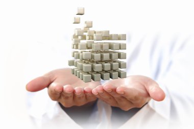 Erkek elinde küp. Karışık teknik