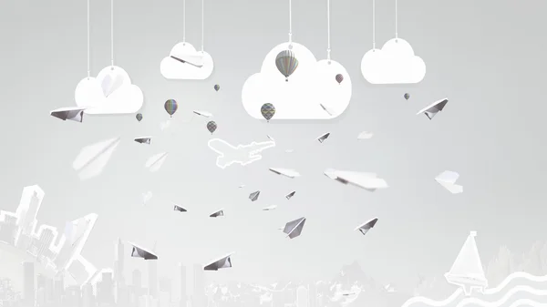 Papier vliegtuigen vliegen in de lucht. Mixed media — Stockfoto