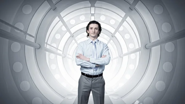 Man in futuristische interieur. Mixed media — Stockfoto
