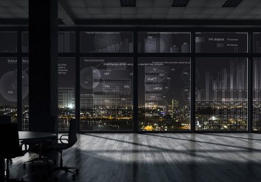 Gece ofis iç. Karışık teknik