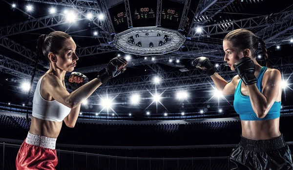 Girls boxing in ring . Mixed media — Stock Photo, Image
