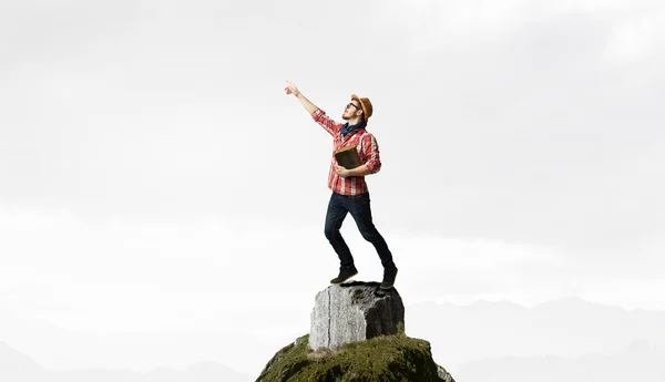 Hipster guy med bok. Mixed media — Stockfoto