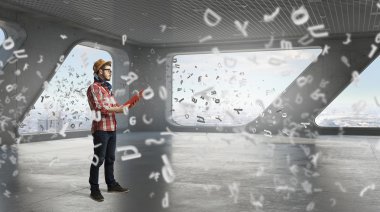 Hipster adam kitap ile. Karışık teknik