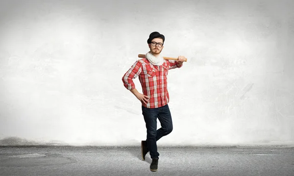 Hipster guy with bat . Mixed media — Stock Photo, Image