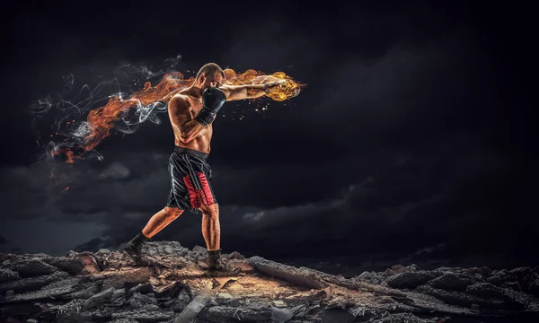 Box fighter trainning outdoor . Mixed media — Stock Photo, Image