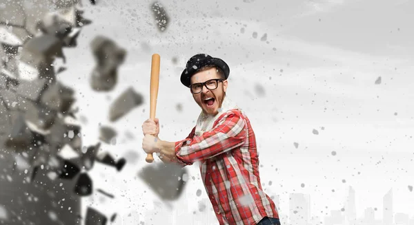 Hipster guy with bat . Mixed media — Stock Photo, Image