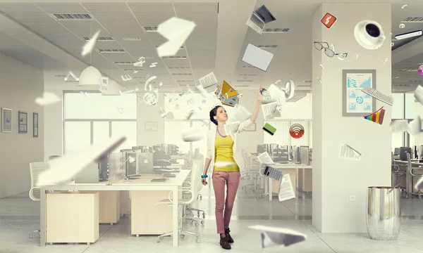 Girl in office interior  . Mixed media — Stock Photo, Image