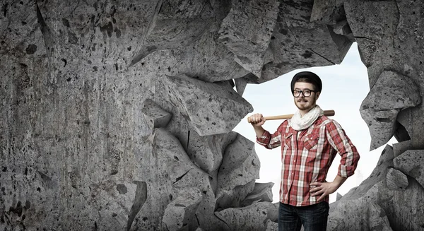 Hipster guy with bat . Mixed media — Stock Photo, Image