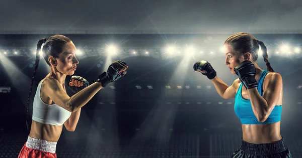 Girls boxing in ring . Mixed media — Stock Photo, Image