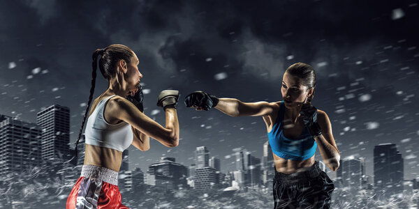 Girls boxing outdoor . Mixed media