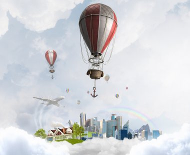 Üzerinde gökyüzü uçan aerostats. Karışık teknik