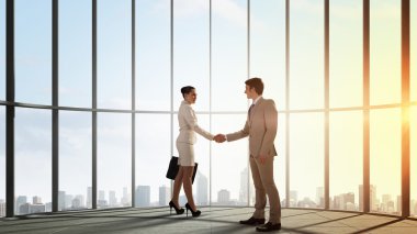 İş ortakları el sıkışma. Karışık teknik