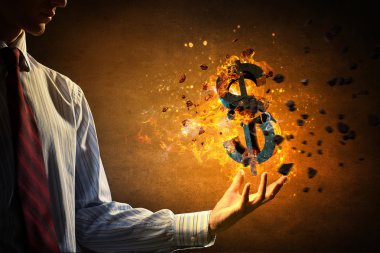 Yangında Doları sembolü. karışık teknik