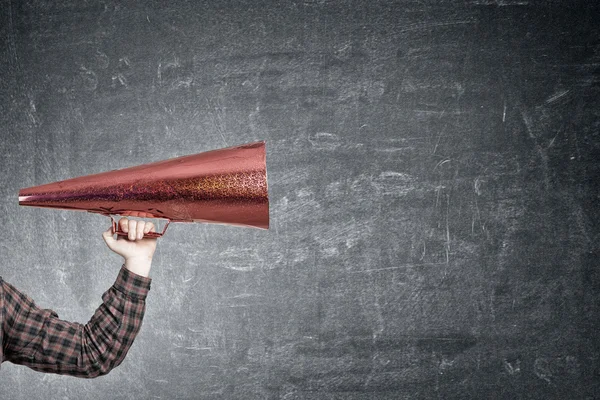 Hipster man shout in trumpet . Mixed media — Stock Photo, Image