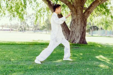 Yakışıklı adam Thai Chi yapıyor.
