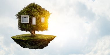 Yeşil çimlerin üzerinde Küçük Eko Evi