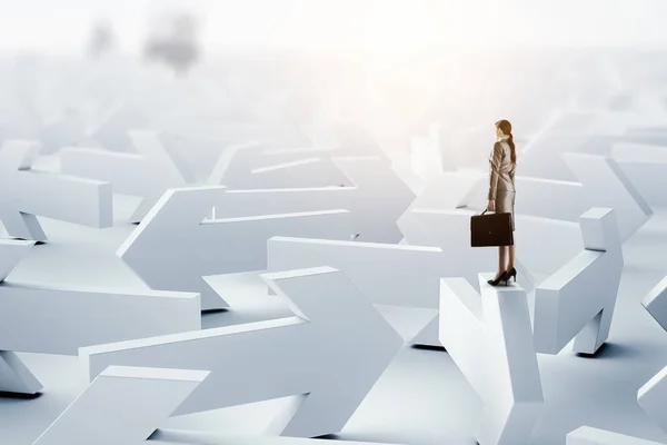 Business woman and maze . Mixed media — Stock Photo, Image
