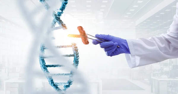 DNA分子的设计与医生手握钳子。混合媒体 — 图库照片