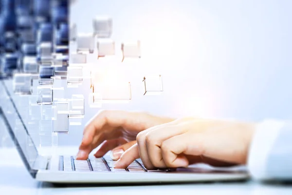 Hands of a young woman on keyboard — Stock Photo, Image