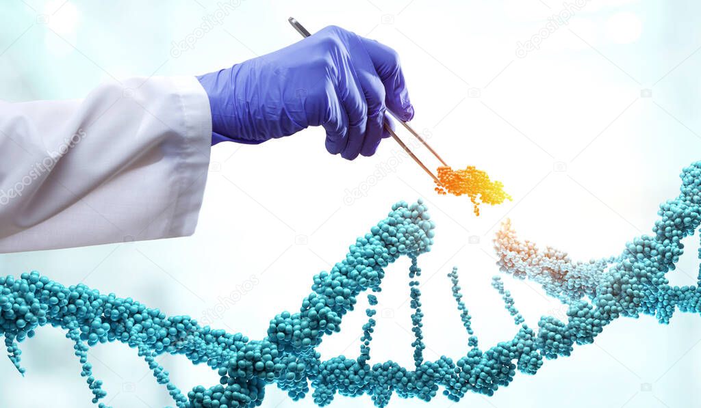 DNA molecules design with doctor hand holding pincers. Mixed media . Mixed media