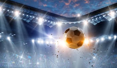 Futbol stadyumunun arka planında uçan top var