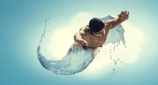 Professional man swimmer on a wave . Mixed media — Stock Photo, Image